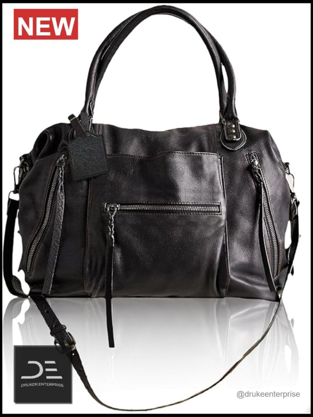 Large Vegan Leather Tote Bag with Zipper and Adjustable Strap